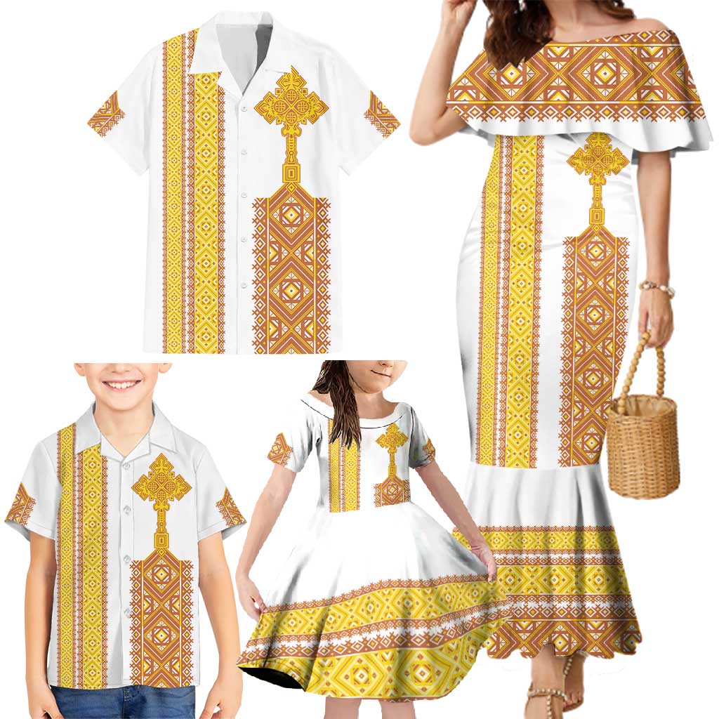 Habesha Motifs Ethiopia Family Matching Mermaid Dress and Hawaiian Shirt Tilet White Gold