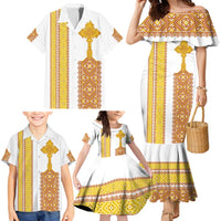 Habesha Motifs Ethiopia Family Matching Mermaid Dress and Hawaiian Shirt Tilet White Gold