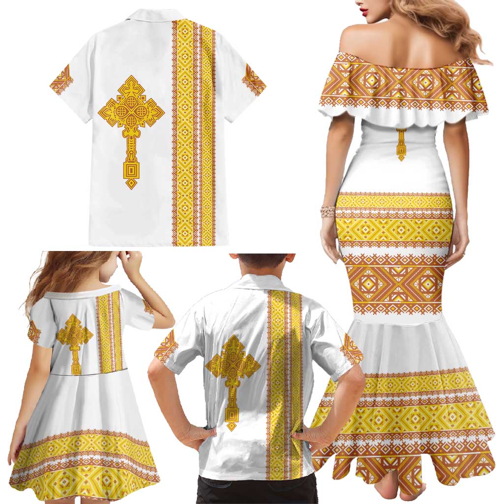 Habesha Motifs Ethiopia Family Matching Mermaid Dress and Hawaiian Shirt Tilet White Gold