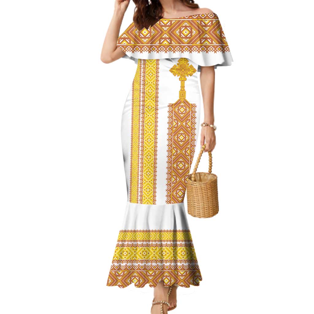 Habesha Motifs Ethiopia Family Matching Mermaid Dress and Hawaiian Shirt Tilet White Gold