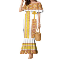 Habesha Motifs Ethiopia Family Matching Mermaid Dress and Hawaiian Shirt Tilet White Gold