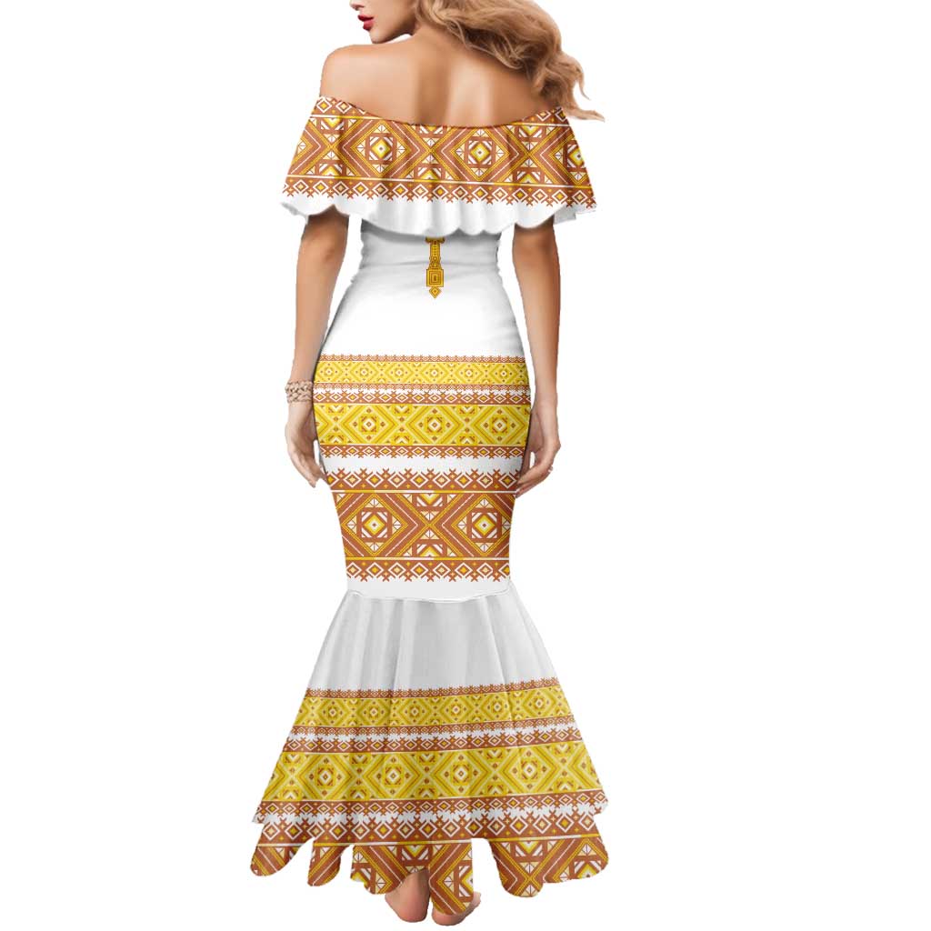 Habesha Motifs Ethiopia Family Matching Mermaid Dress and Hawaiian Shirt Tilet White Gold