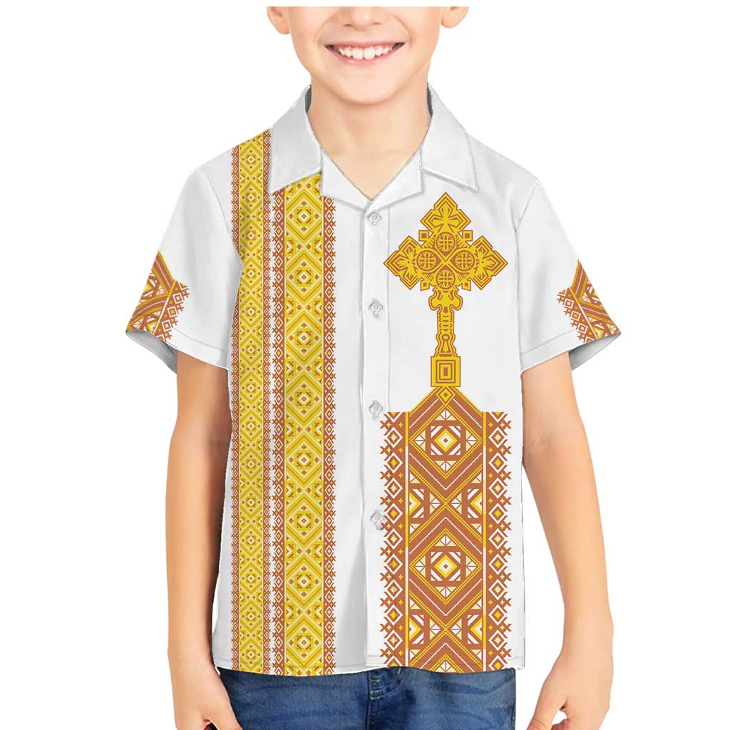 Habesha Motifs Ethiopia Family Matching Mermaid Dress and Hawaiian Shirt Tilet White Gold