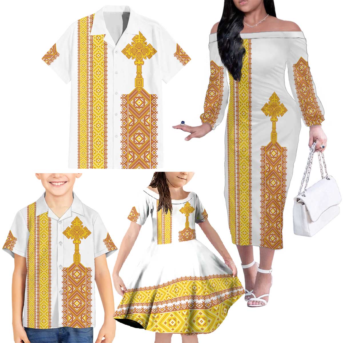 Habesha Motifs Ethiopia Family Matching Off The Shoulder Long Sleeve Dress and Hawaiian Shirt Tilet White Gold