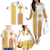 Habesha Motifs Ethiopia Family Matching Off The Shoulder Long Sleeve Dress and Hawaiian Shirt Tilet White Gold