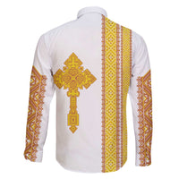 Habesha Motifs Ethiopia Family Matching Off The Shoulder Long Sleeve Dress and Hawaiian Shirt Tilet White Gold