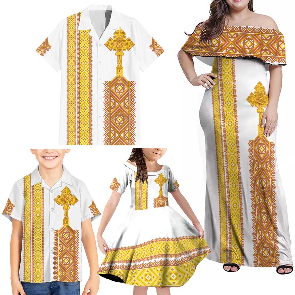 Habesha Motifs Ethiopia Family Matching Off Shoulder Maxi Dress and Hawaiian Shirt Tilet White Gold