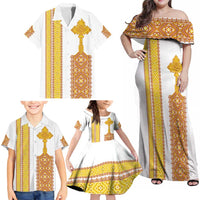 Habesha Motifs Ethiopia Family Matching Off Shoulder Maxi Dress and Hawaiian Shirt Tilet White Gold