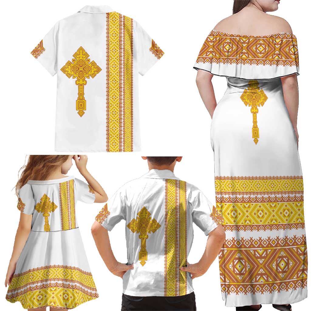 Habesha Motifs Ethiopia Family Matching Off Shoulder Maxi Dress and Hawaiian Shirt Tilet White Gold