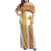 Habesha Motifs Ethiopia Family Matching Off Shoulder Maxi Dress and Hawaiian Shirt Tilet White Gold