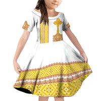 Habesha Motifs Ethiopia Family Matching Off Shoulder Short Dress and Hawaiian Shirt Tilet White Gold