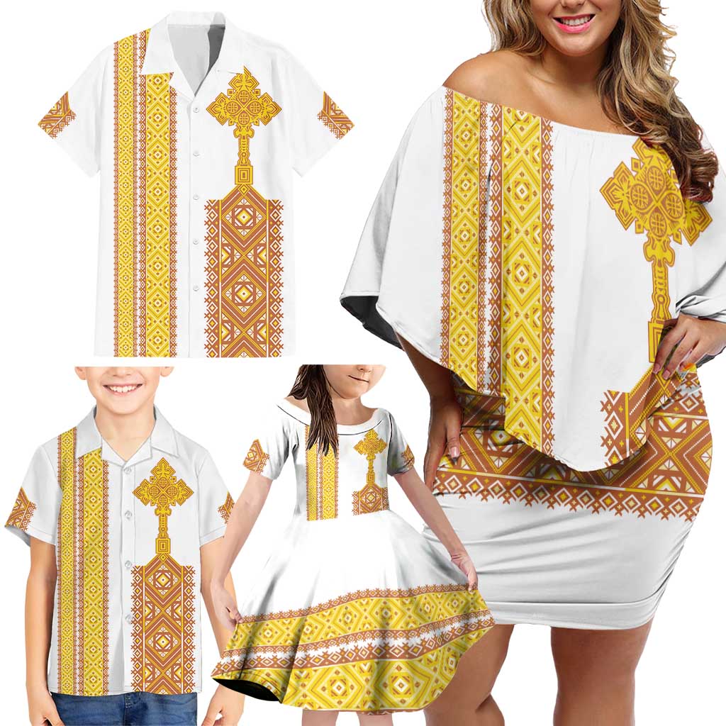Habesha Motifs Ethiopia Family Matching Off Shoulder Short Dress and Hawaiian Shirt Tilet White Gold