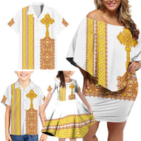 Habesha Motifs Ethiopia Family Matching Off Shoulder Short Dress and Hawaiian Shirt Tilet White Gold
