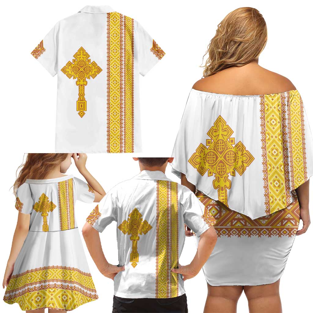 Habesha Motifs Ethiopia Family Matching Off Shoulder Short Dress and Hawaiian Shirt Tilet White Gold