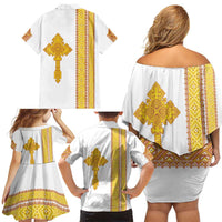 Habesha Motifs Ethiopia Family Matching Off Shoulder Short Dress and Hawaiian Shirt Tilet White Gold