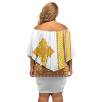 Habesha Motifs Ethiopia Family Matching Off Shoulder Short Dress and Hawaiian Shirt Tilet White Gold