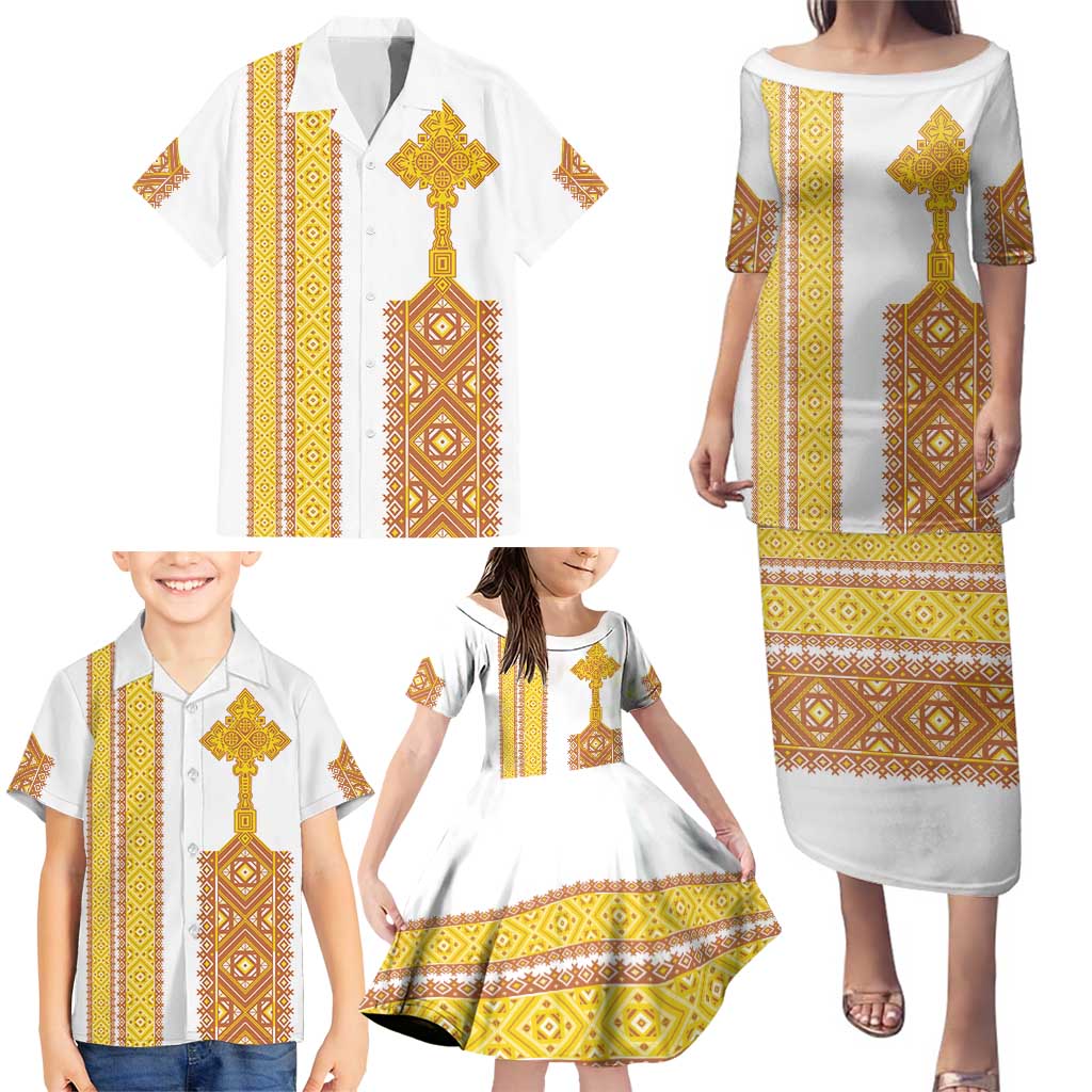 Habesha Motifs Ethiopia Family Matching Puletasi and Hawaiian Shirt Tilet White Gold