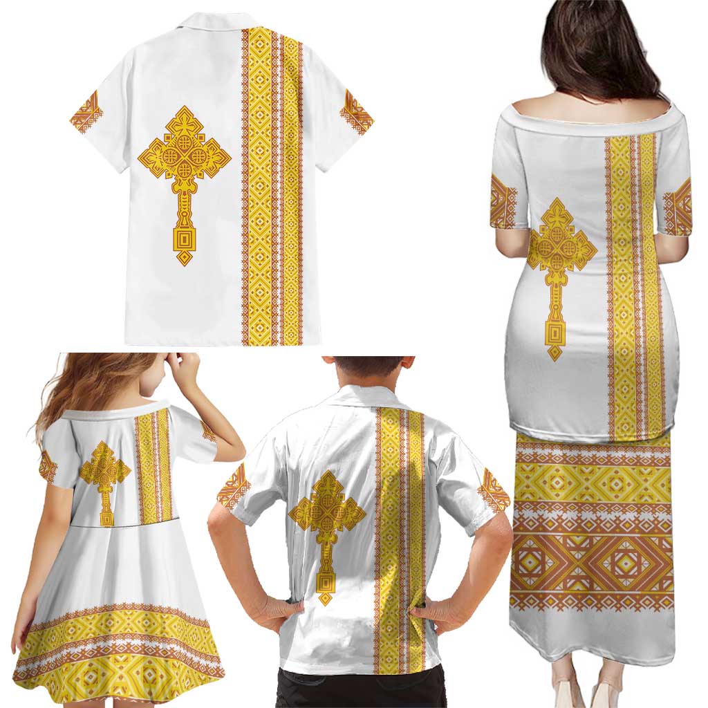 Habesha Motifs Ethiopia Family Matching Puletasi and Hawaiian Shirt Tilet White Gold