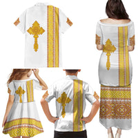 Habesha Motifs Ethiopia Family Matching Puletasi and Hawaiian Shirt Tilet White Gold