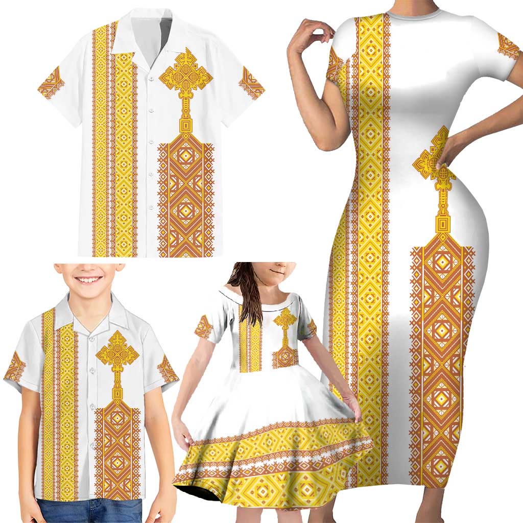Habesha Motifs Ethiopia Family Matching Short Sleeve Bodycon Dress and Hawaiian Shirt Tilet White Gold