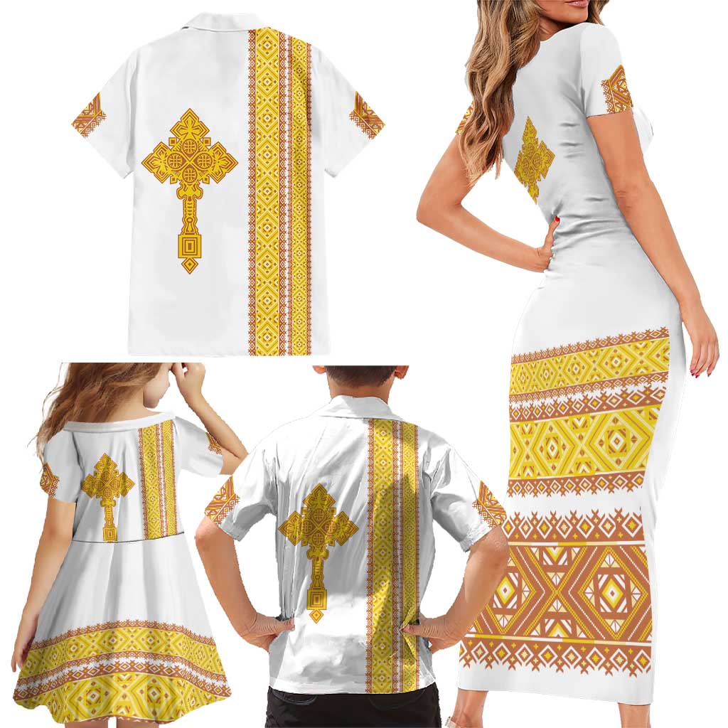 Habesha Motifs Ethiopia Family Matching Short Sleeve Bodycon Dress and Hawaiian Shirt Tilet White Gold