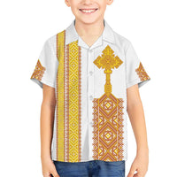 Habesha Motifs Ethiopia Family Matching Short Sleeve Bodycon Dress and Hawaiian Shirt Tilet White Gold