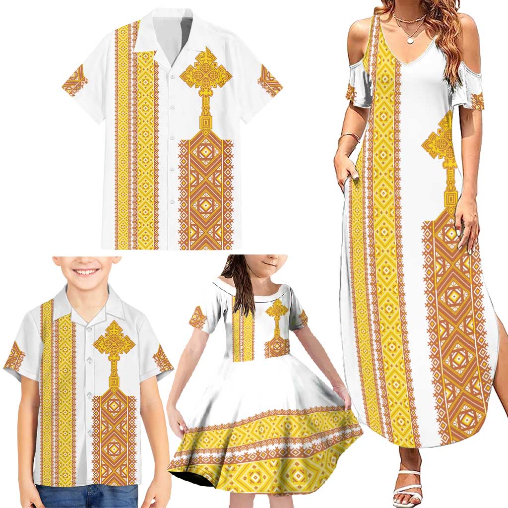 Habesha Motifs Ethiopia Family Matching Summer Maxi Dress and Hawaiian Shirt Tilet White Gold