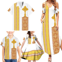 Habesha Motifs Ethiopia Family Matching Summer Maxi Dress and Hawaiian Shirt Tilet White Gold