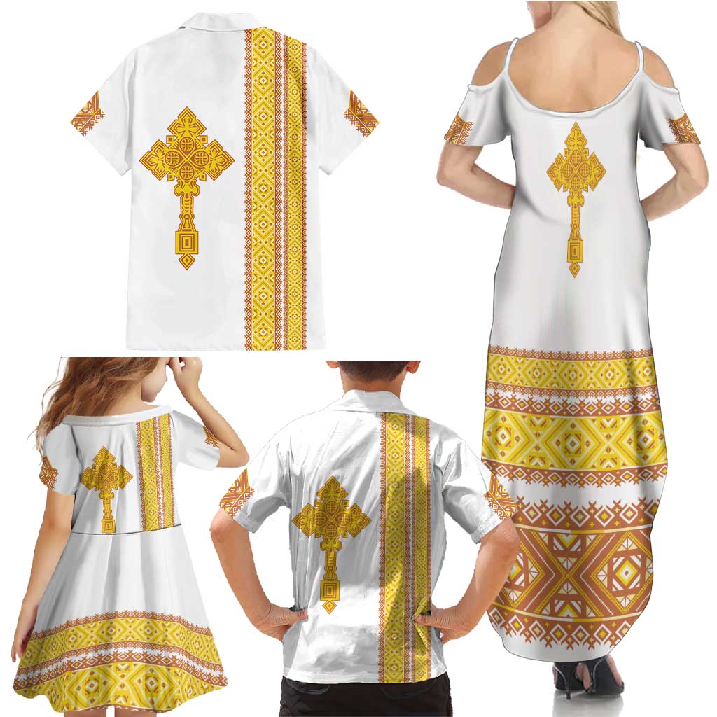 Habesha Motifs Ethiopia Family Matching Summer Maxi Dress and Hawaiian Shirt Tilet White Gold