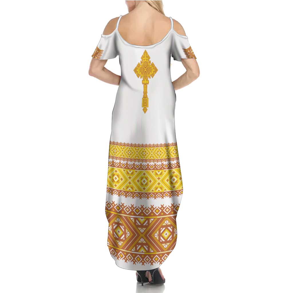Habesha Motifs Ethiopia Family Matching Summer Maxi Dress and Hawaiian Shirt Tilet White Gold