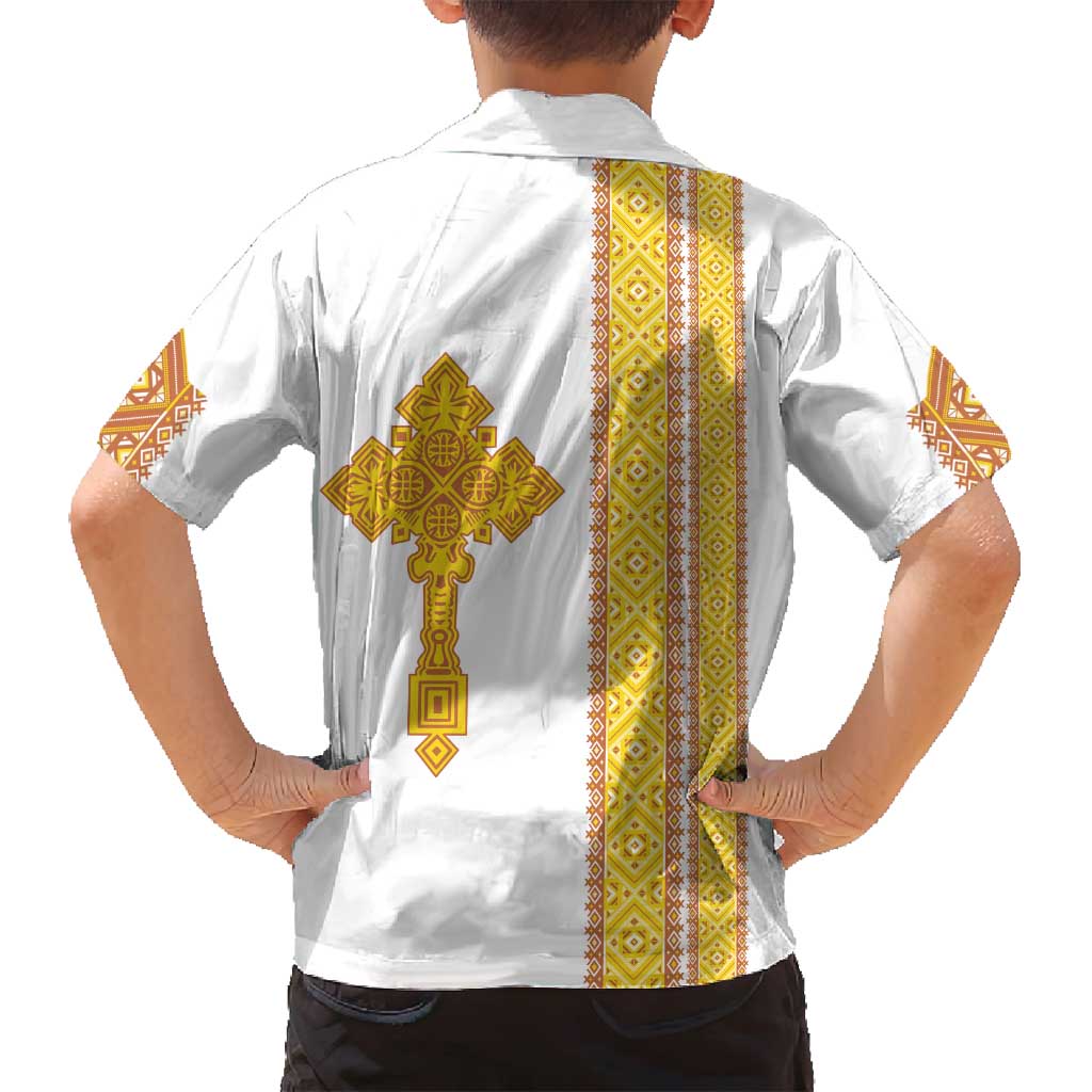 Habesha Motifs Ethiopia Family Matching Tank Maxi Dress and Hawaiian Shirt Tilet White Gold