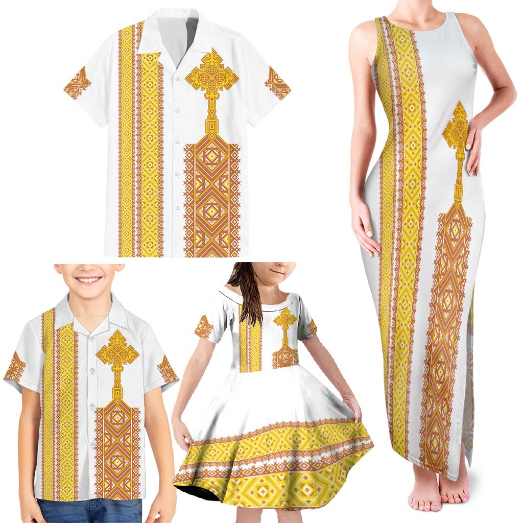 Habesha Motifs Ethiopia Family Matching Tank Maxi Dress and Hawaiian Shirt Tilet White Gold