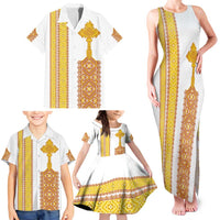 Habesha Motifs Ethiopia Family Matching Tank Maxi Dress and Hawaiian Shirt Tilet White Gold
