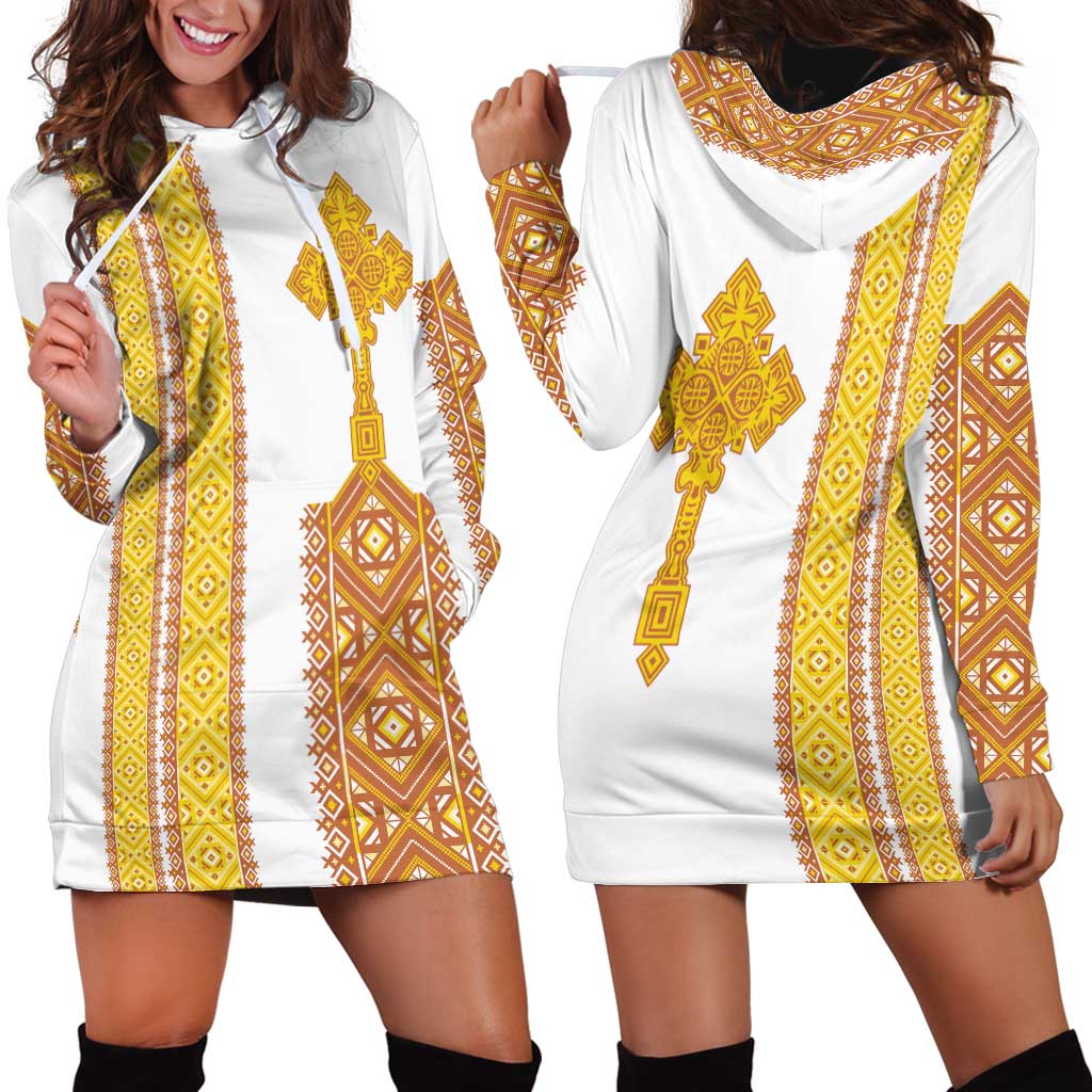 Habesha Motifs Ethiopia Hoodie Dress Tilet White Gold