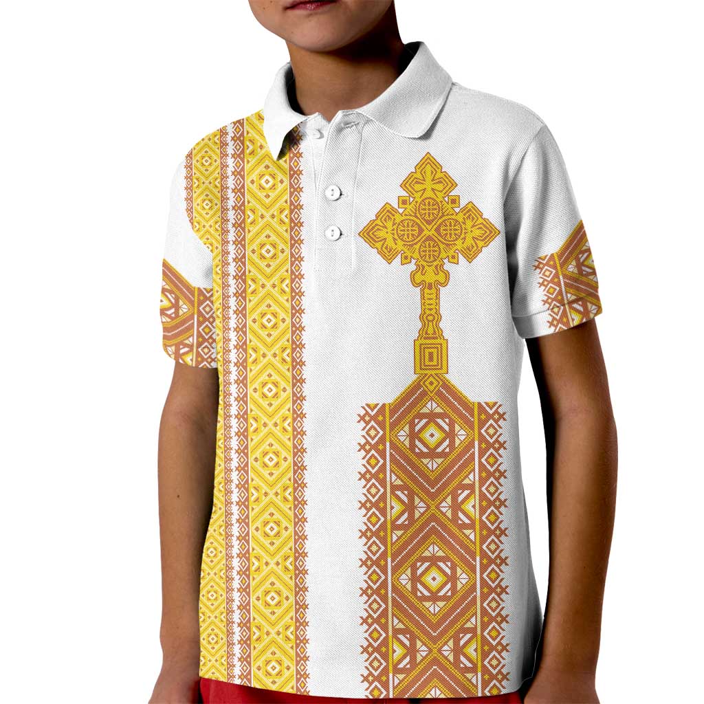 Habesha Motifs Ethiopia Kid Polo Shirt Tilet White Gold