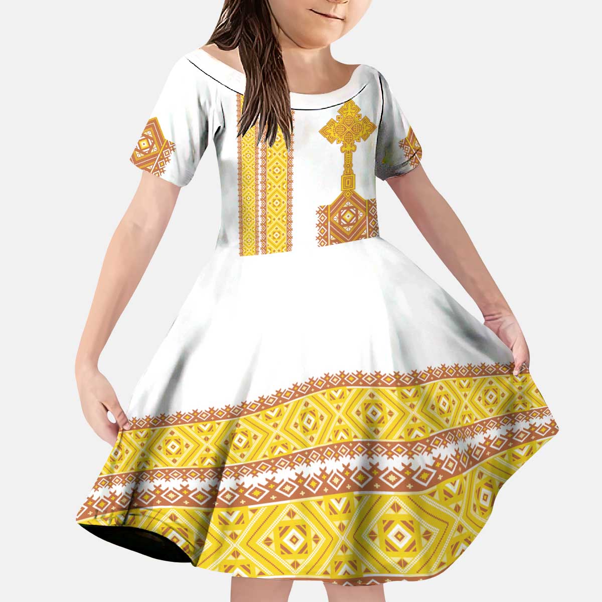 Habesha Motifs Ethiopia Kid Short Sleeve Dress Tilet White Gold
