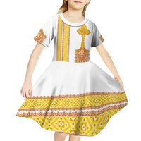 Habesha Motifs Ethiopia Kid Short Sleeve Dress Tilet White Gold