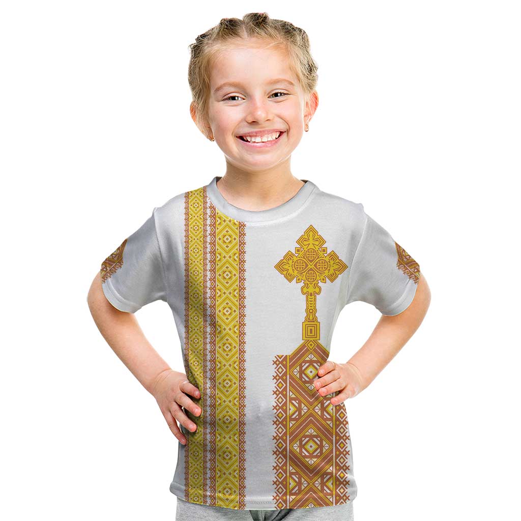 Habesha Motifs Ethiopia Kid T Shirt Tilet White Gold