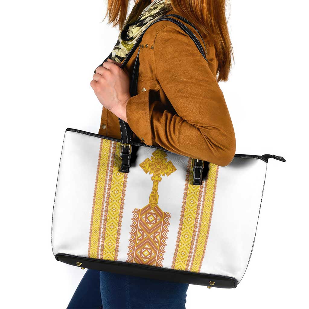 Habesha Motifs Ethiopia Leather Tote Bag Tilet White Gold