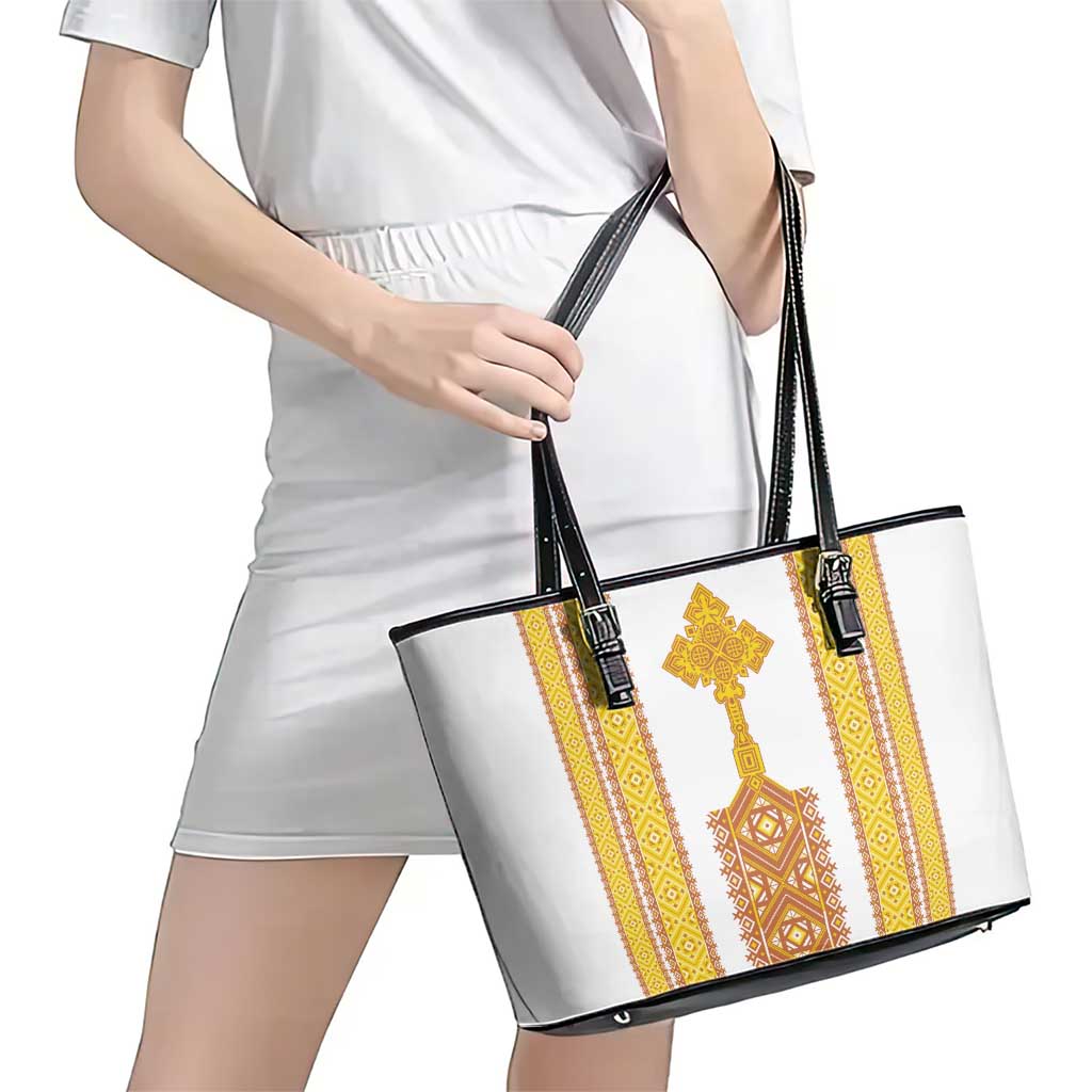Habesha Motifs Ethiopia Leather Tote Bag Tilet White Gold