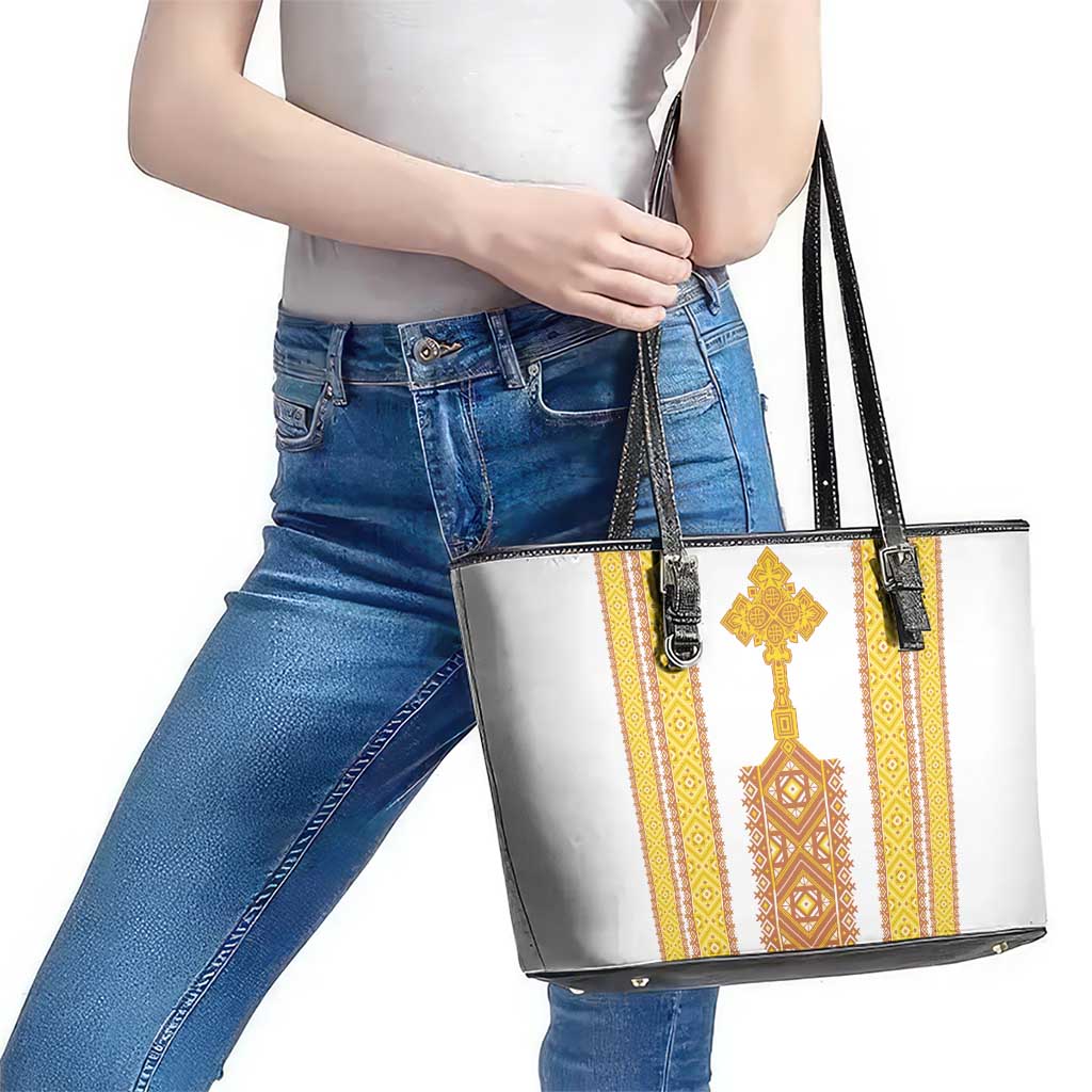 Habesha Motifs Ethiopia Leather Tote Bag Tilet White Gold