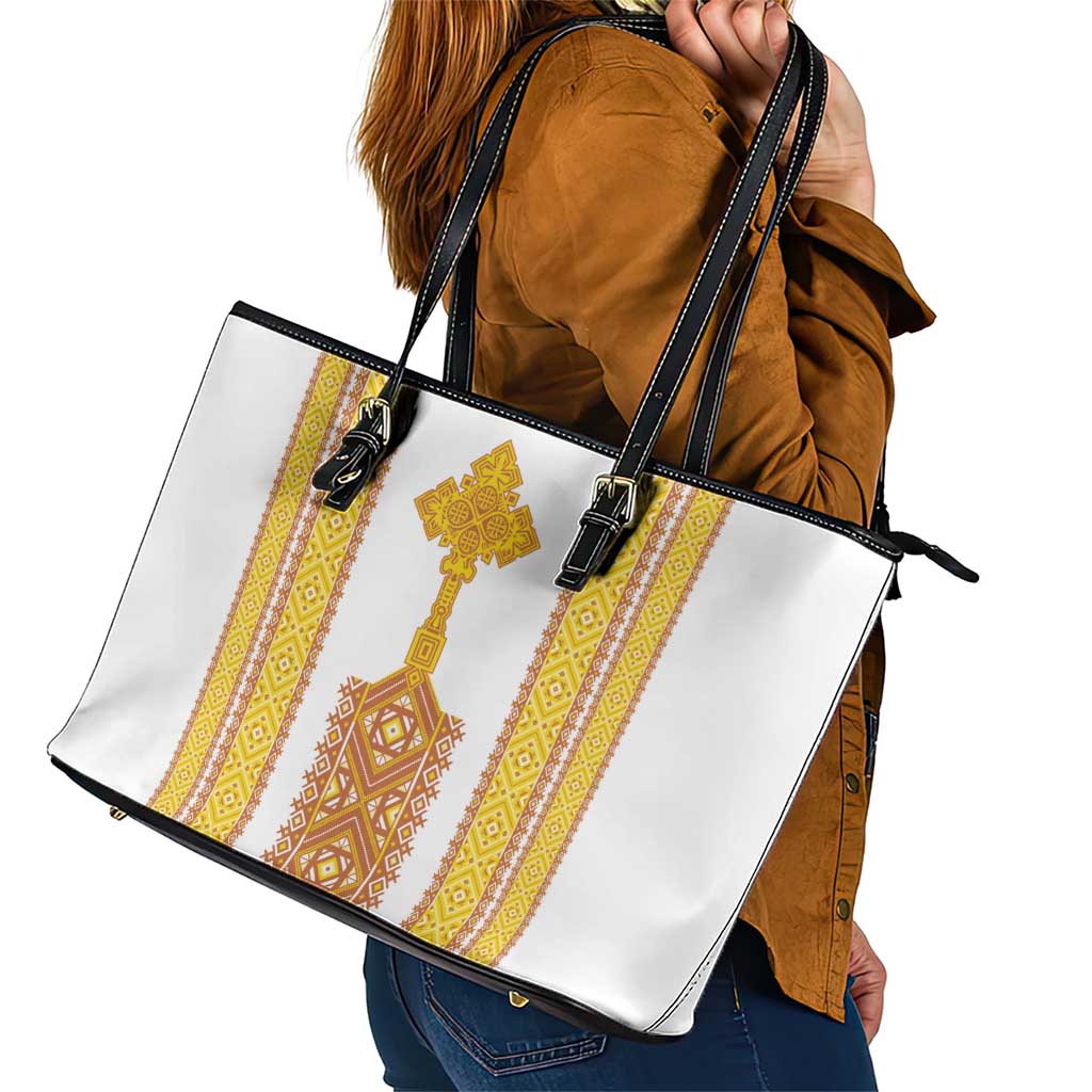 Habesha Motifs Ethiopia Leather Tote Bag Tilet White Gold
