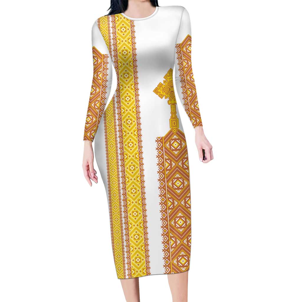 Habesha Motifs Ethiopia Long Sleeve Bodycon Dress Tilet White Gold