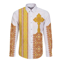 Habesha Motifs Ethiopia Long Sleeve Button Shirt Tilet White Gold