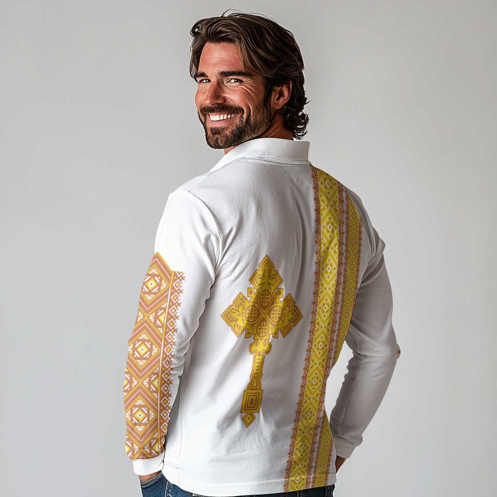 Habesha Motifs Ethiopia Long Sleeve Polo Shirt Tilet White Gold