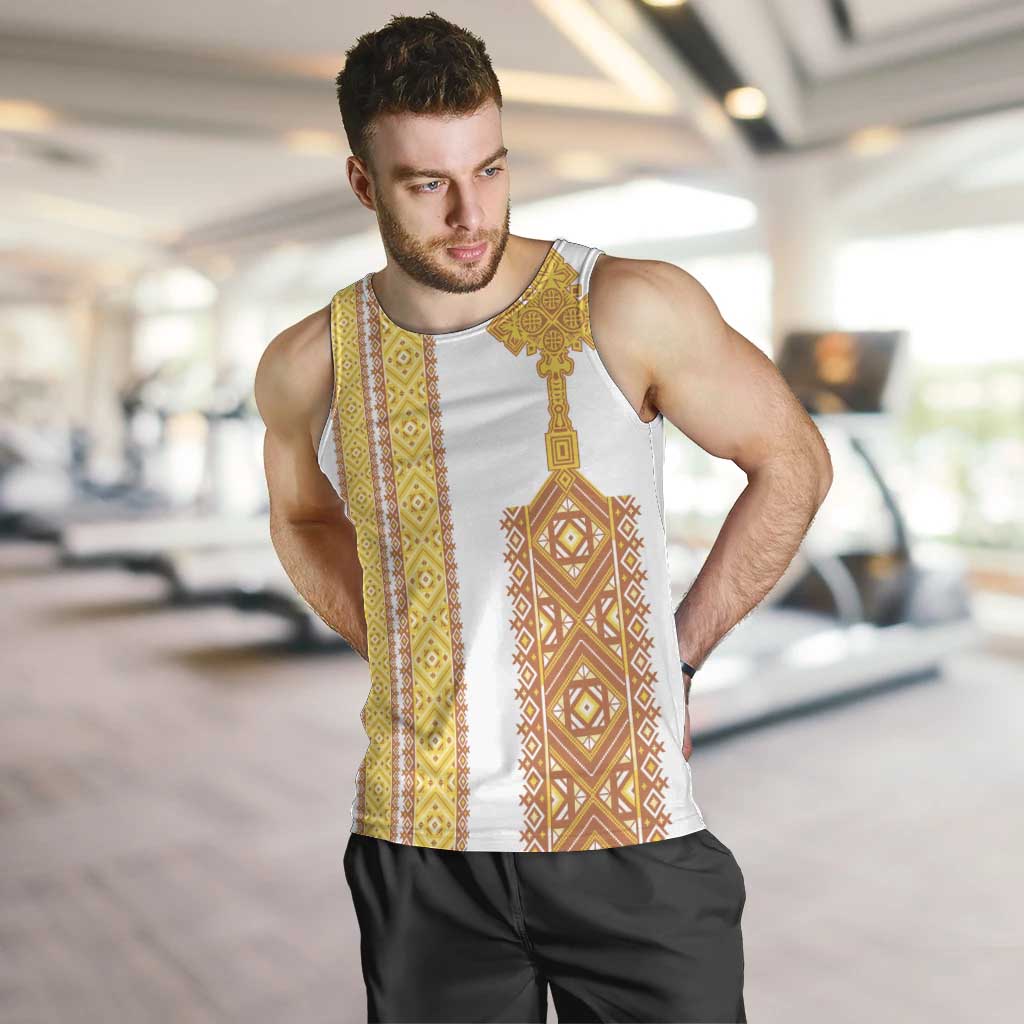 Habesha Motifs Ethiopia Men Tank Top Tilet White Gold