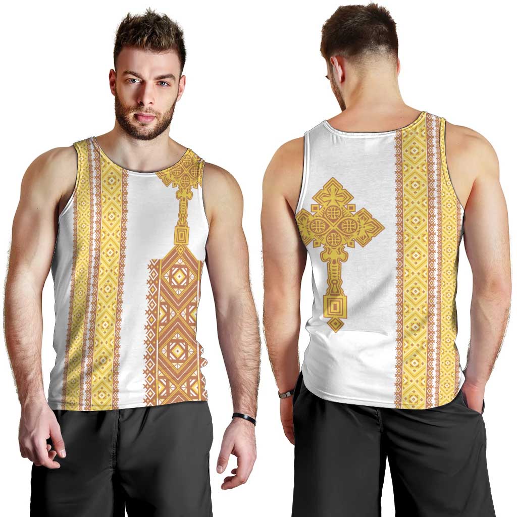 Habesha Motifs Ethiopia Men Tank Top Tilet White Gold