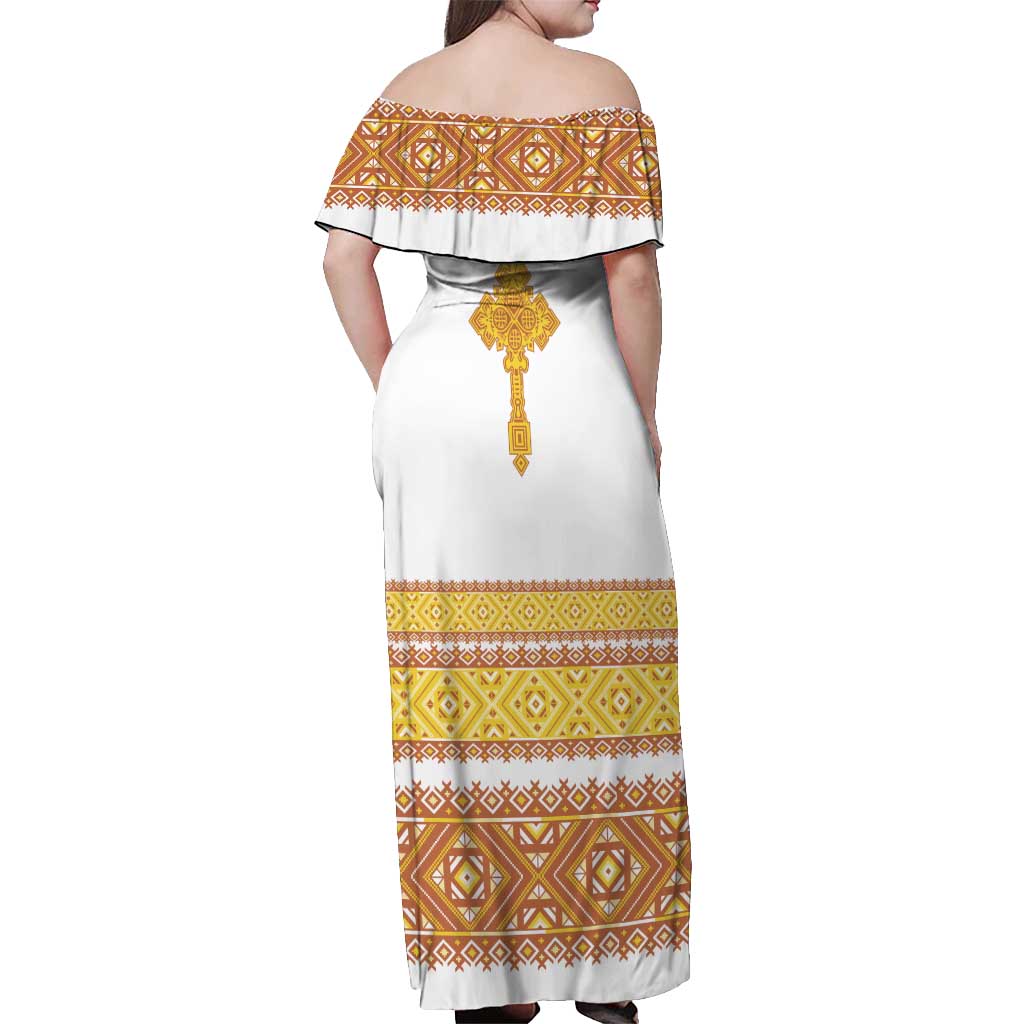 Habesha Motifs Ethiopia Off Shoulder Maxi Dress Tilet White Gold