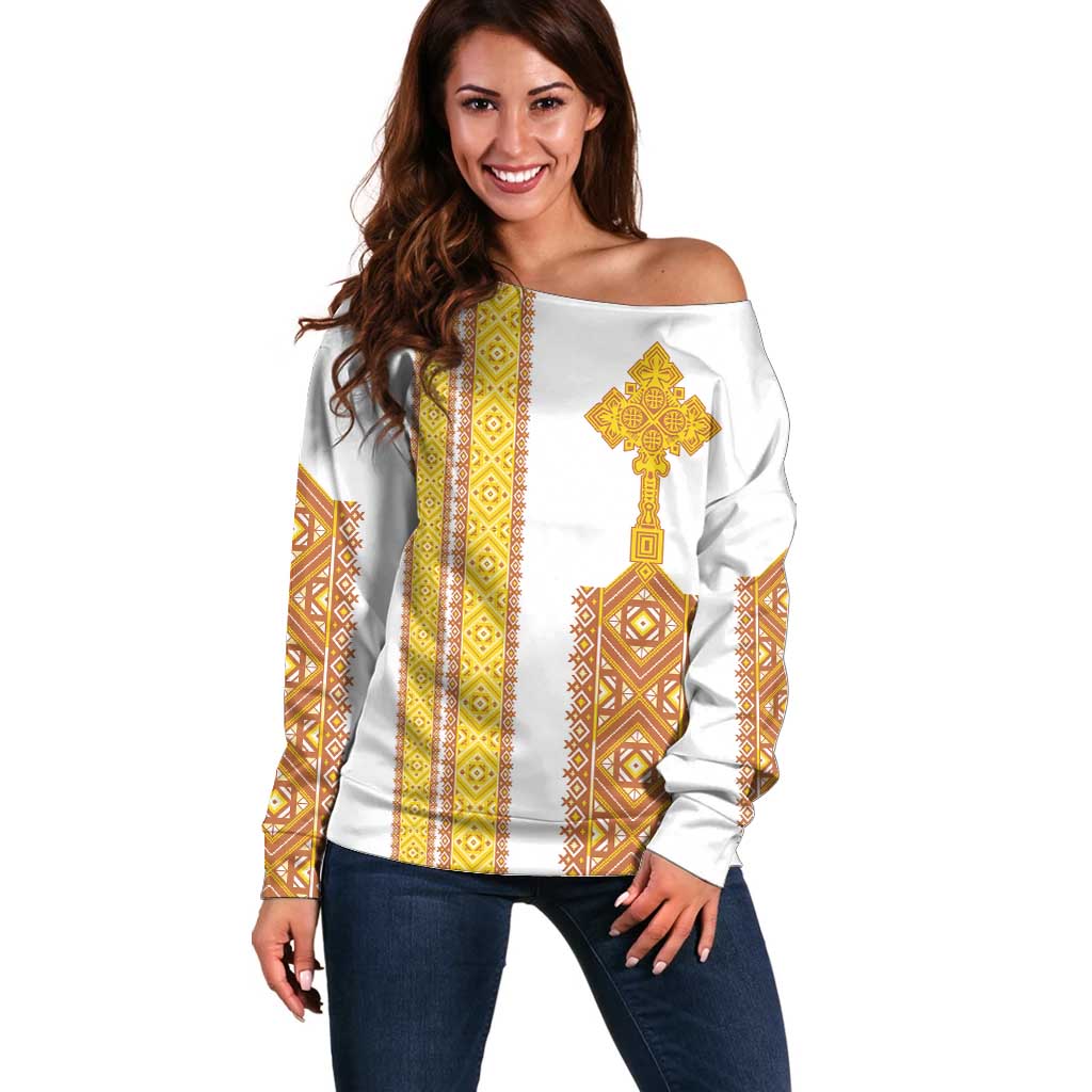 Habesha Motifs Ethiopia Off Shoulder Sweater Tilet White Gold