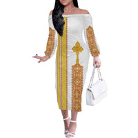 Habesha Motifs Ethiopia Off The Shoulder Long Sleeve Dress Tilet White Gold